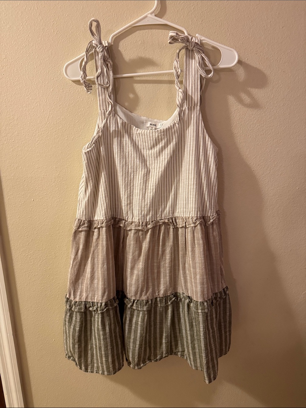 Mine Three-Tier Striped Tie-Shoulder Dress in White and Taupe